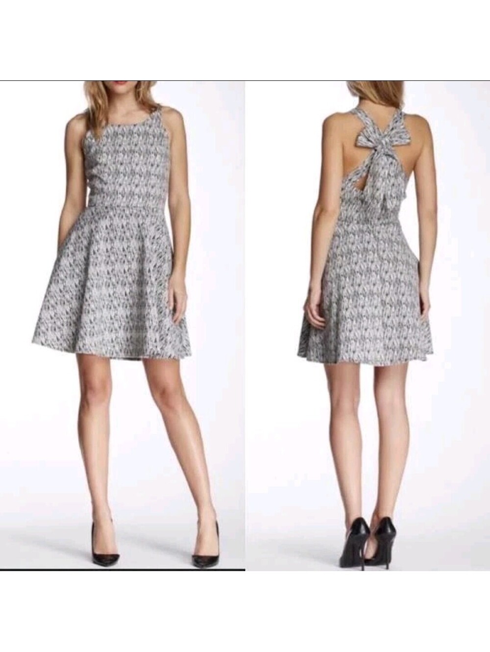 Jessica Simpson Womens Black White Abstract Fit & Flare Open Back Bow Dress sz 6